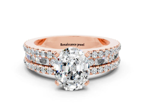Rose gold Oval Cut Moissanite Solitaire Ring with Pavé and Channel Set Band