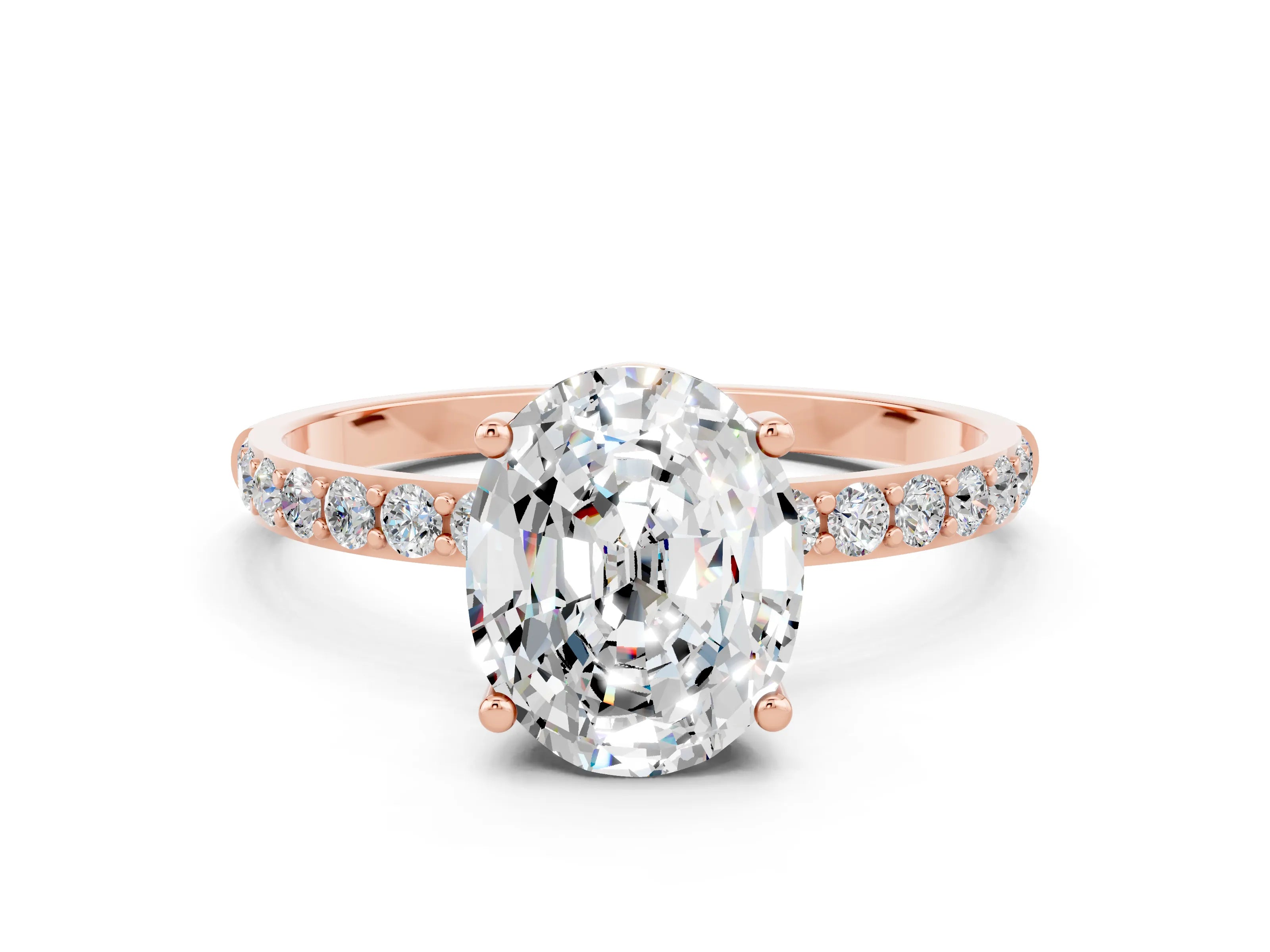 Rose gold Oval Cut Moissanite Solitaire Ring with Pave Band and Four Prong Setting_24