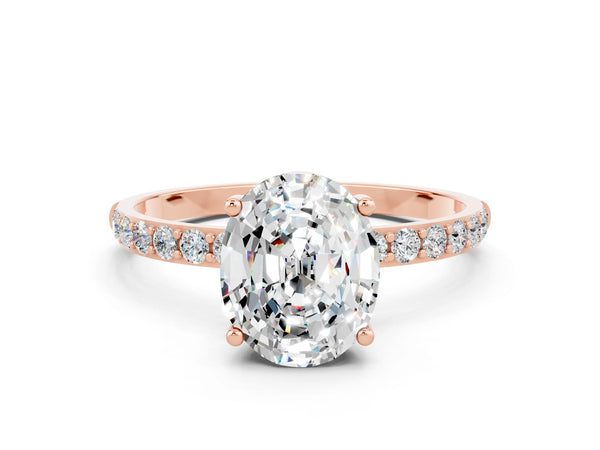 Rose gold Oval Cut Moissanite Solitaire Ring with Round  Pavé Band and Prong Setting