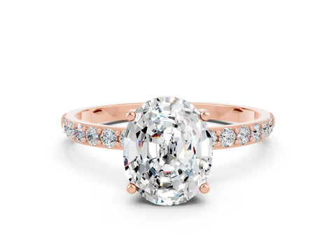 Rose gold Oval Cut Moissanite Solitaire Ring with Pave Band and Four Prong Setting_24