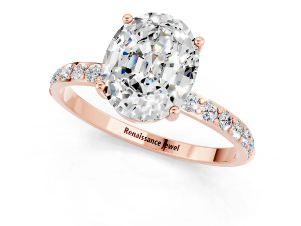 Rose gold Oval Cut Moissanite Solitaire Ring with Round  Pavé Band and Prong Setting