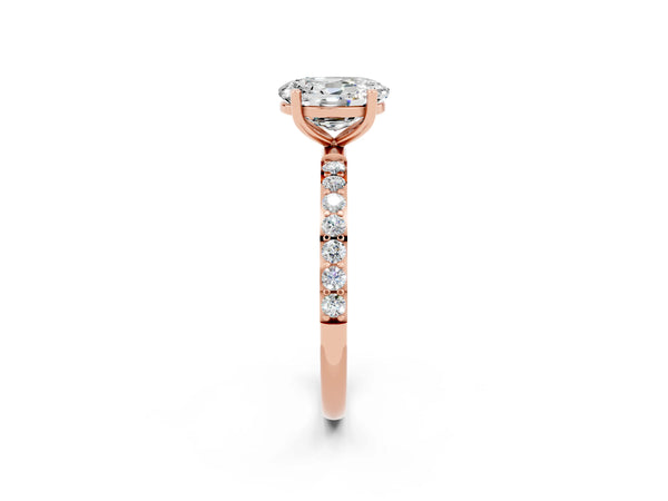 Rose gold Oval Cut Moissanite Solitaire Ring with Round  Pavé Band and Prong Setting