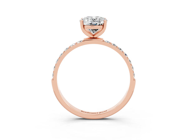 Rose gold Oval Cut Moissanite Solitaire Ring with Round  Pavé Band and Prong Setting
