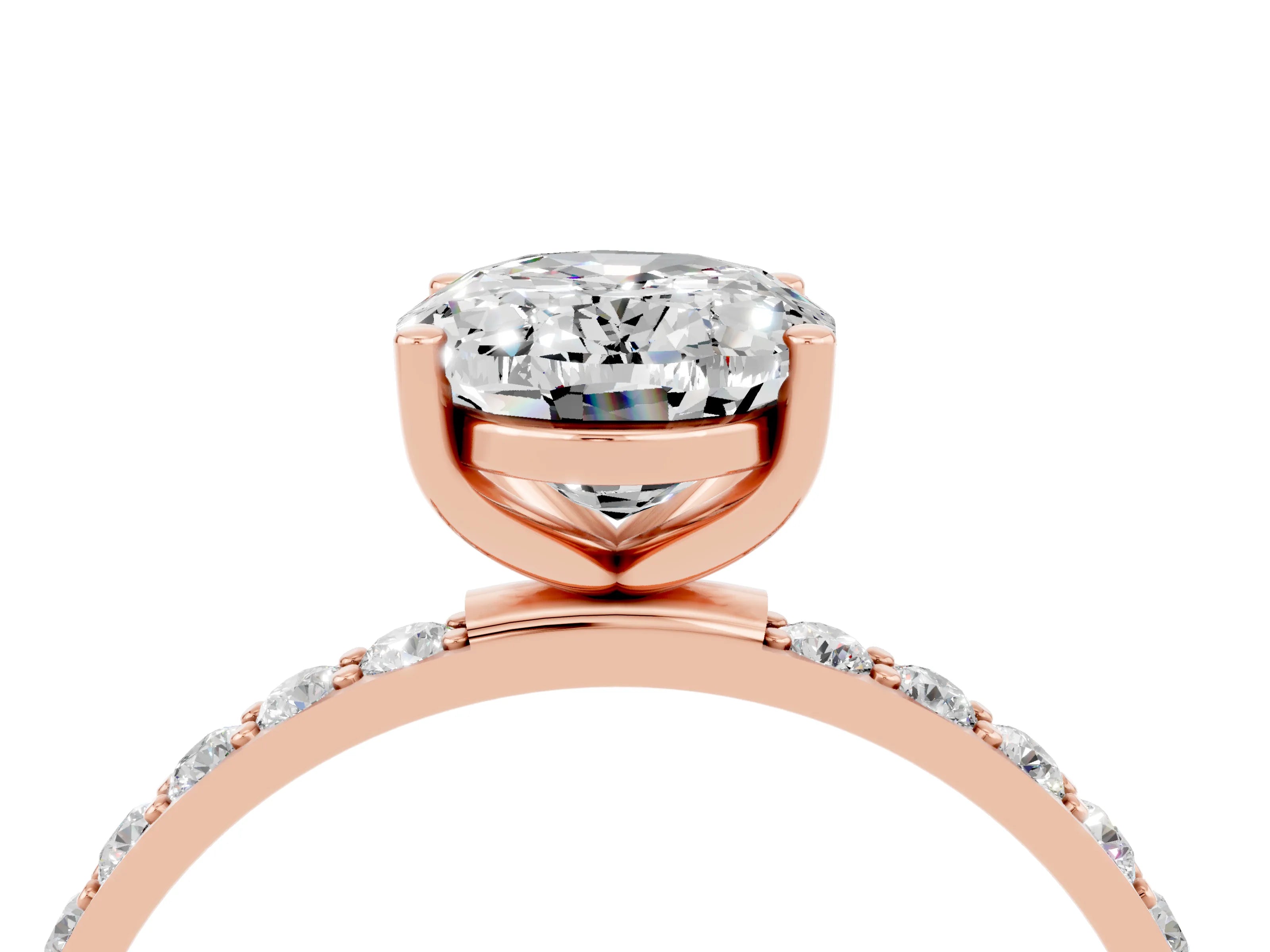 Rose gold Oval Cut Moissanite Solitaire Ring with Pave Band and Four Prong Setting_28