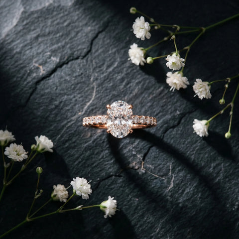 Rose gold Oval Cut Moissanite Solitaire Ring with Round  Pavé Band and Four-Prong Setting