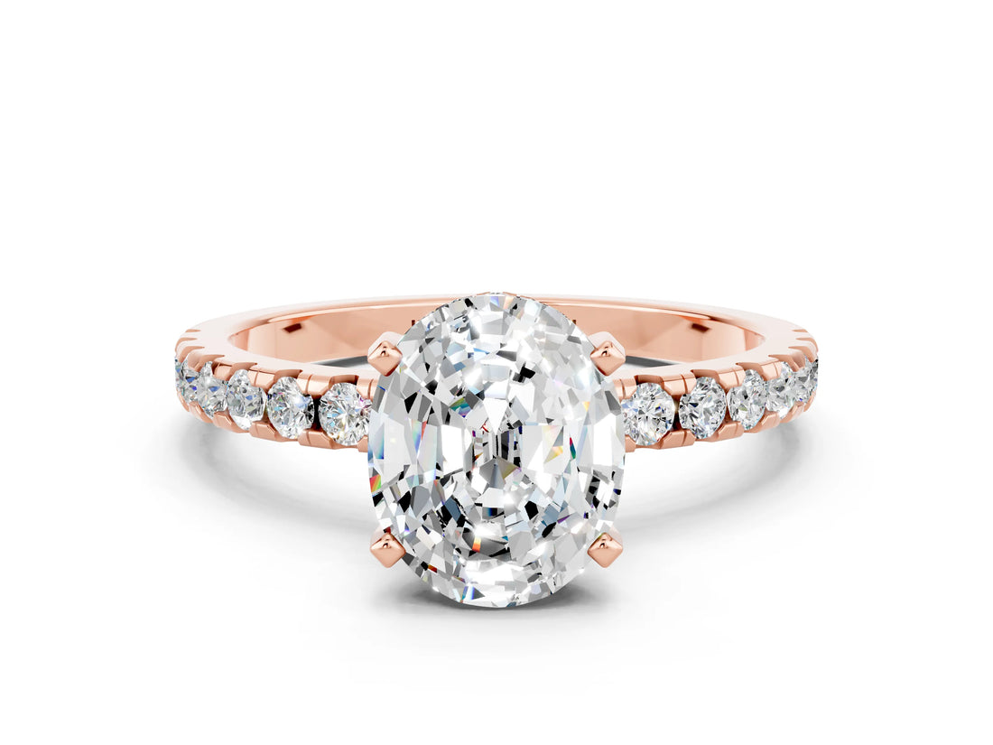 Rose gold Oval Cut Moissanite Solitaire Ring with Round  Pavé Band and Four-Prong Setting_42