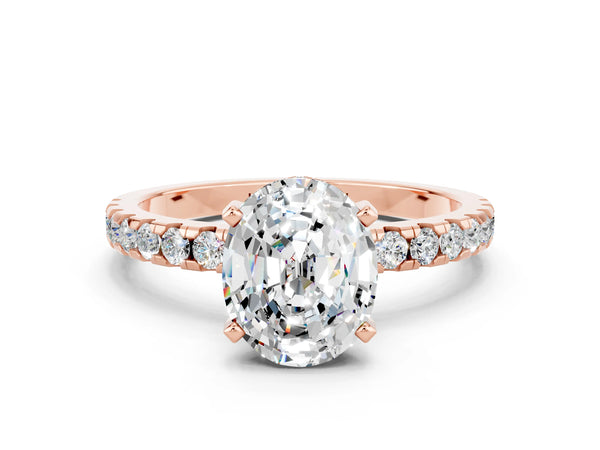 Rose gold Oval Cut Moissanite Solitaire Ring with Round  Pavé Band and Four-Prong Setting
