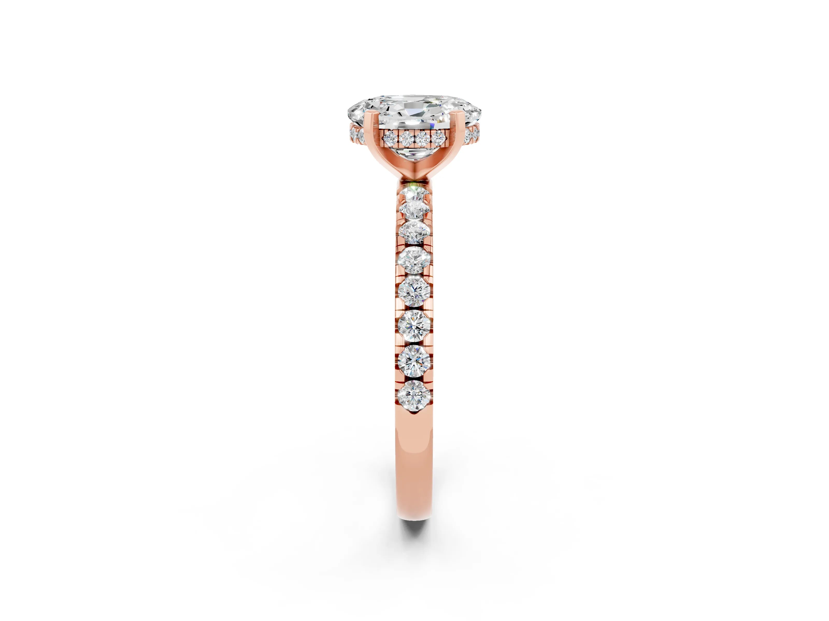 Rose gold Oval Cut Moissanite Solitaire Ring with Round  Pavé Band and Four-Prong Setting_44