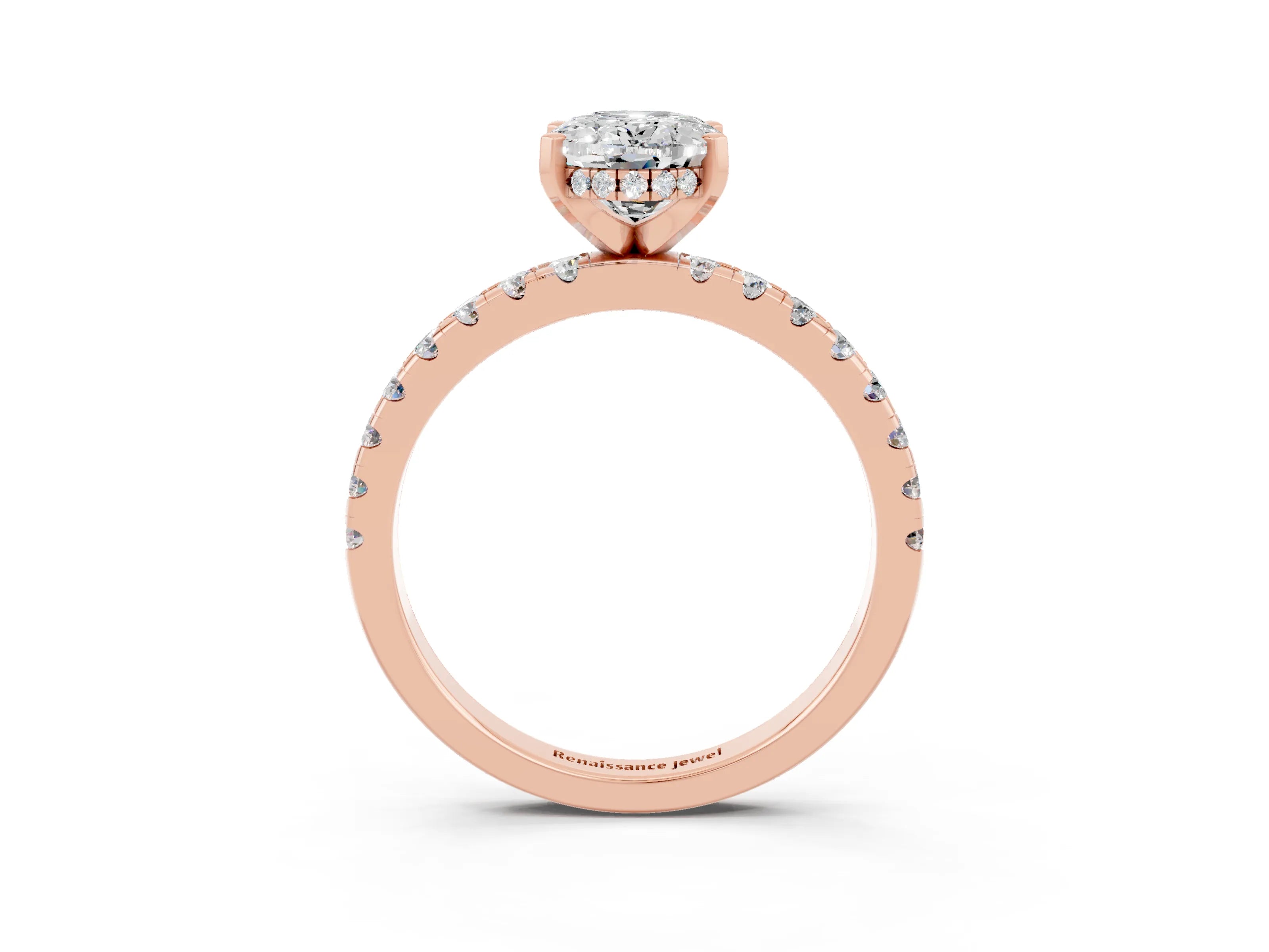 Rose gold Oval Cut Moissanite Solitaire Ring with Round  Pavé Band and Four-Prong Setting_45