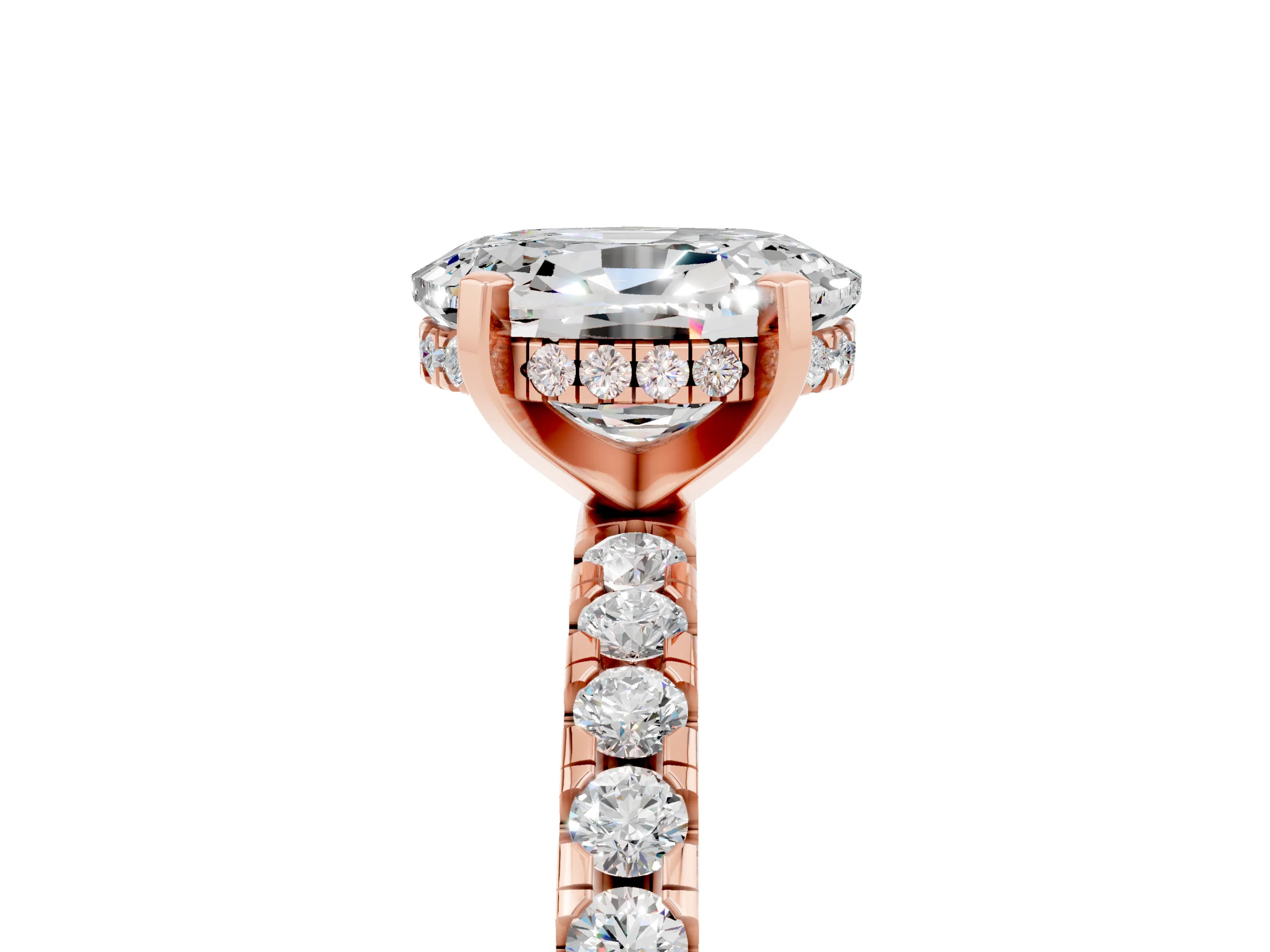 Rose gold Oval Cut Moissanite Solitaire Ring with Round  Pavé Band and Four-Prong Setting_47