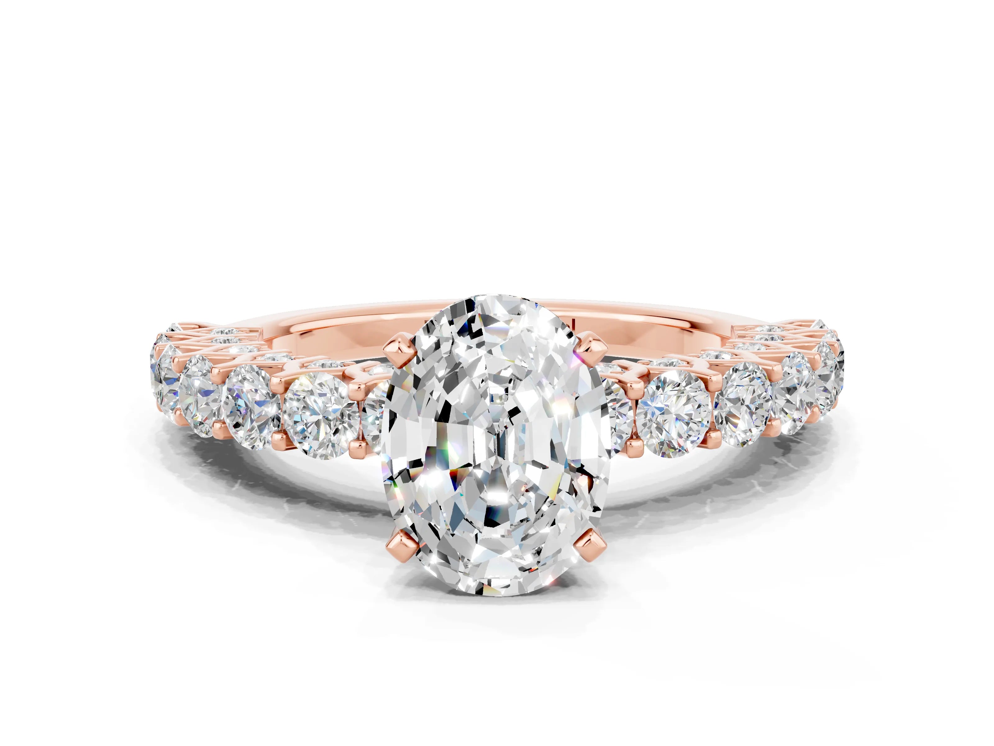 Rose gold Oval Cut Moissanite Solitaire Ring with Shared Prong Pavé Band and Four-Prong Setting_12
