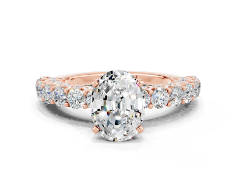 Rose gold Oval Cut Moissanite Solitaire Ring with Shared Prong Pavé Band and Four-Prong Setting_12