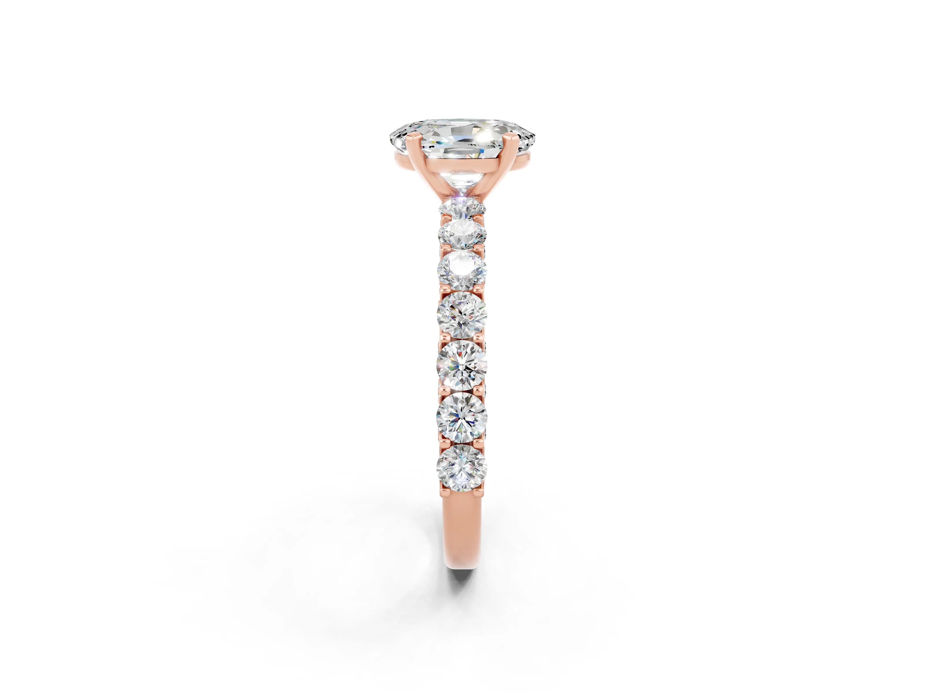 Rose gold Oval Cut Moissanite Solitaire Ring with Shared Prong Pavé Band and Four-Prong Setting_14