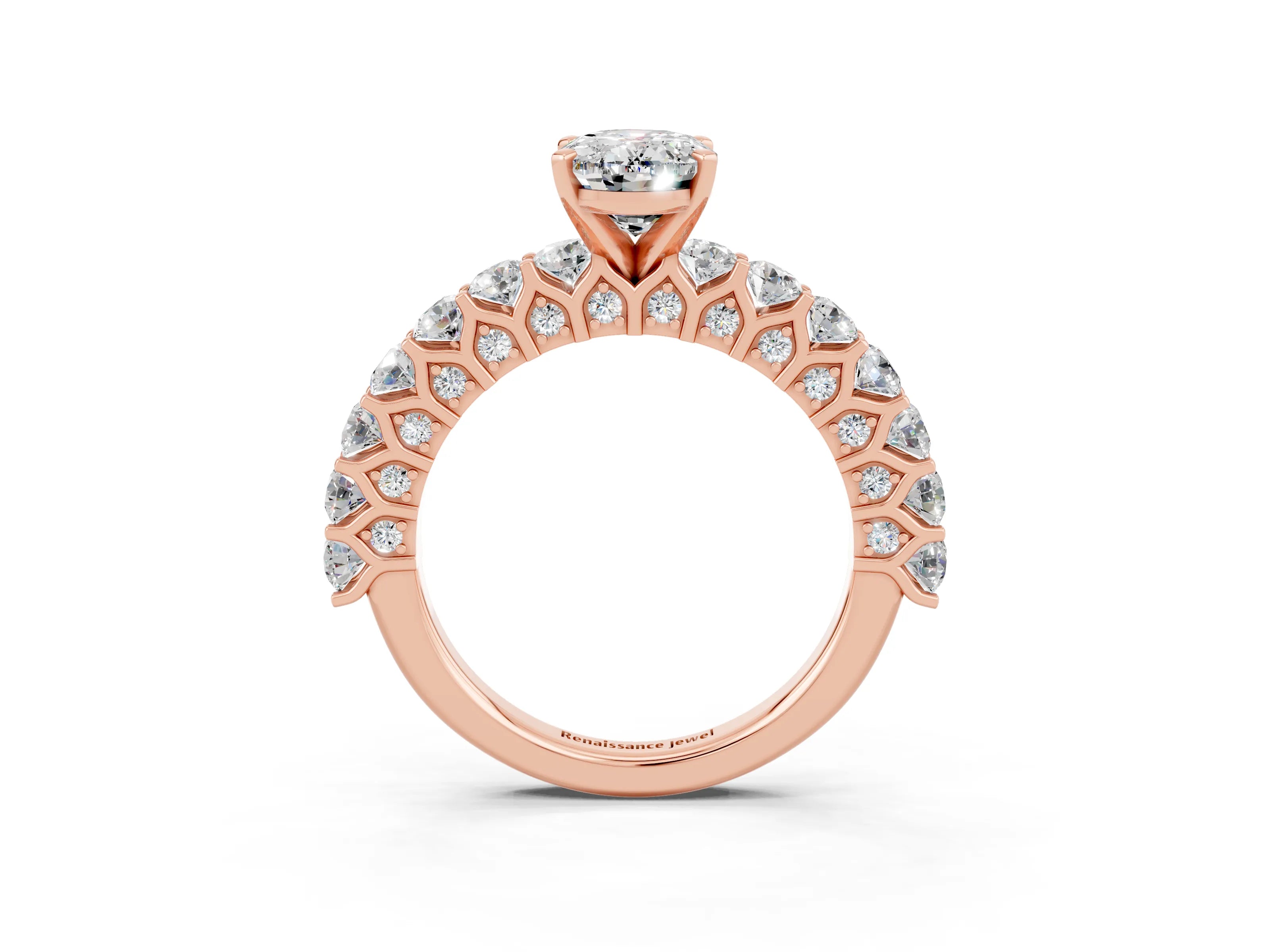 Rose gold Oval Cut Moissanite Solitaire Ring with Shared Prong Pavé Band and Four-Prong Setting_15
