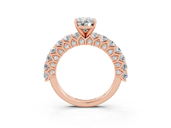 Rose gold Oval Cut Moissanite Solitaire Ring with Shared Prong Pavé Band and Four-Prong Setting
