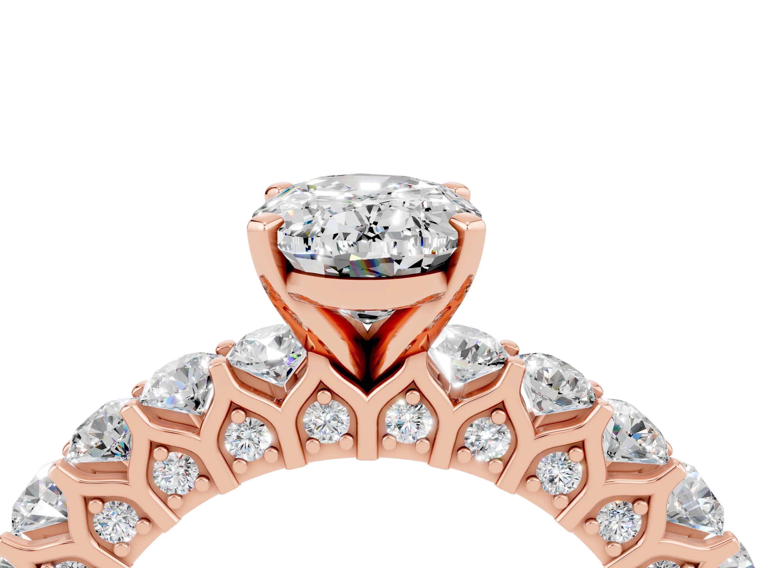 Rose gold Oval Cut Moissanite Solitaire Ring with Shared Prong Pavé Band and Four-Prong Setting_16