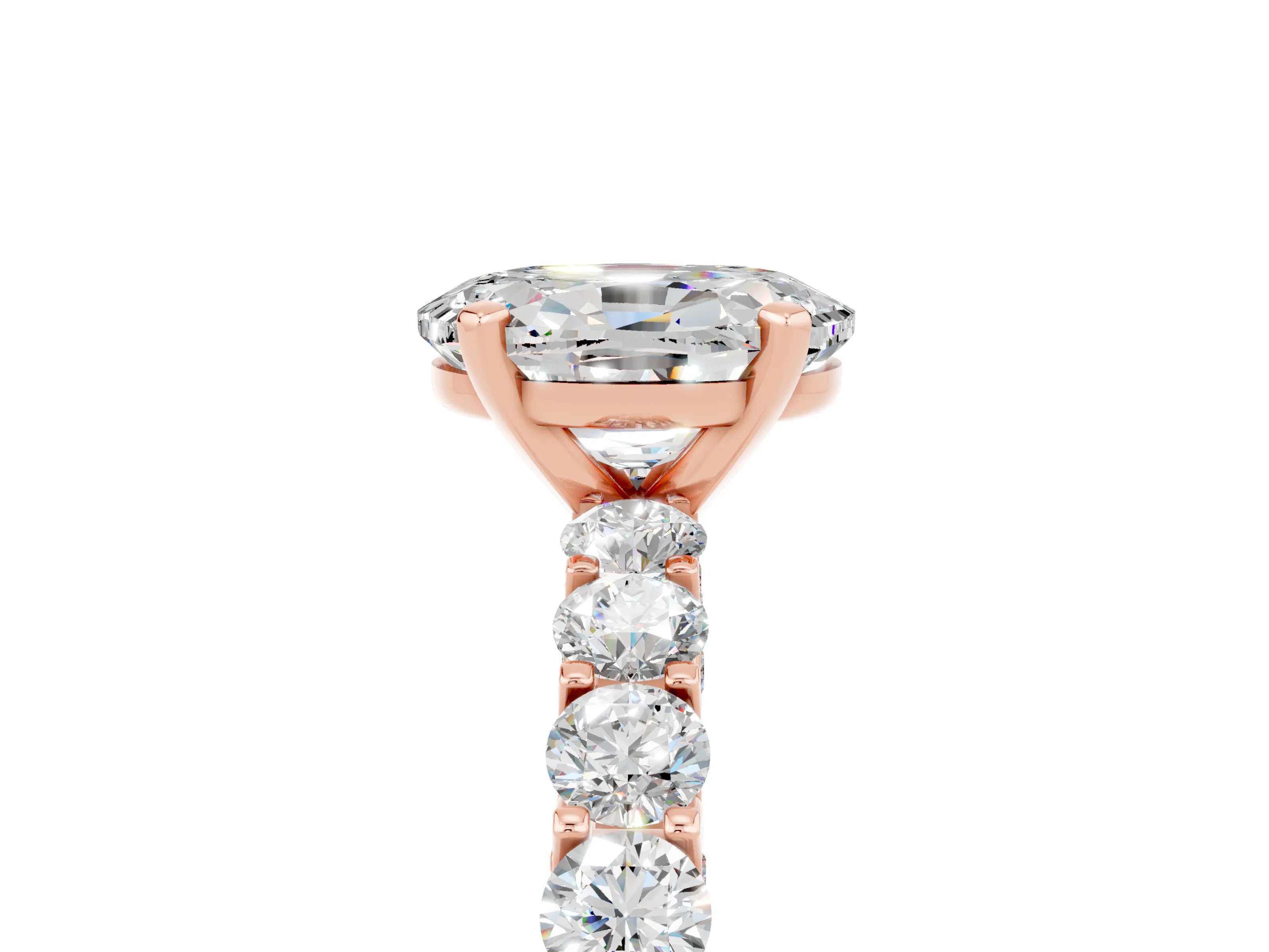 Rose gold Oval Cut Moissanite Solitaire Ring with Shared Prong Pavé Band and Four-Prong Setting_17