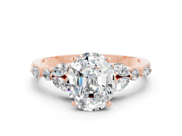 Rose gold Oval Cut Moissanite Solitaire Ring with Side Stones and Four-Prong Setting