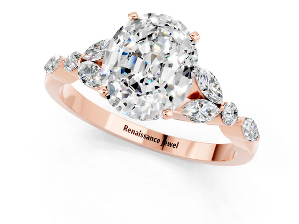 Rose gold Oval Cut Moissanite Solitaire Ring with Side Stones and Four-Prong Setting