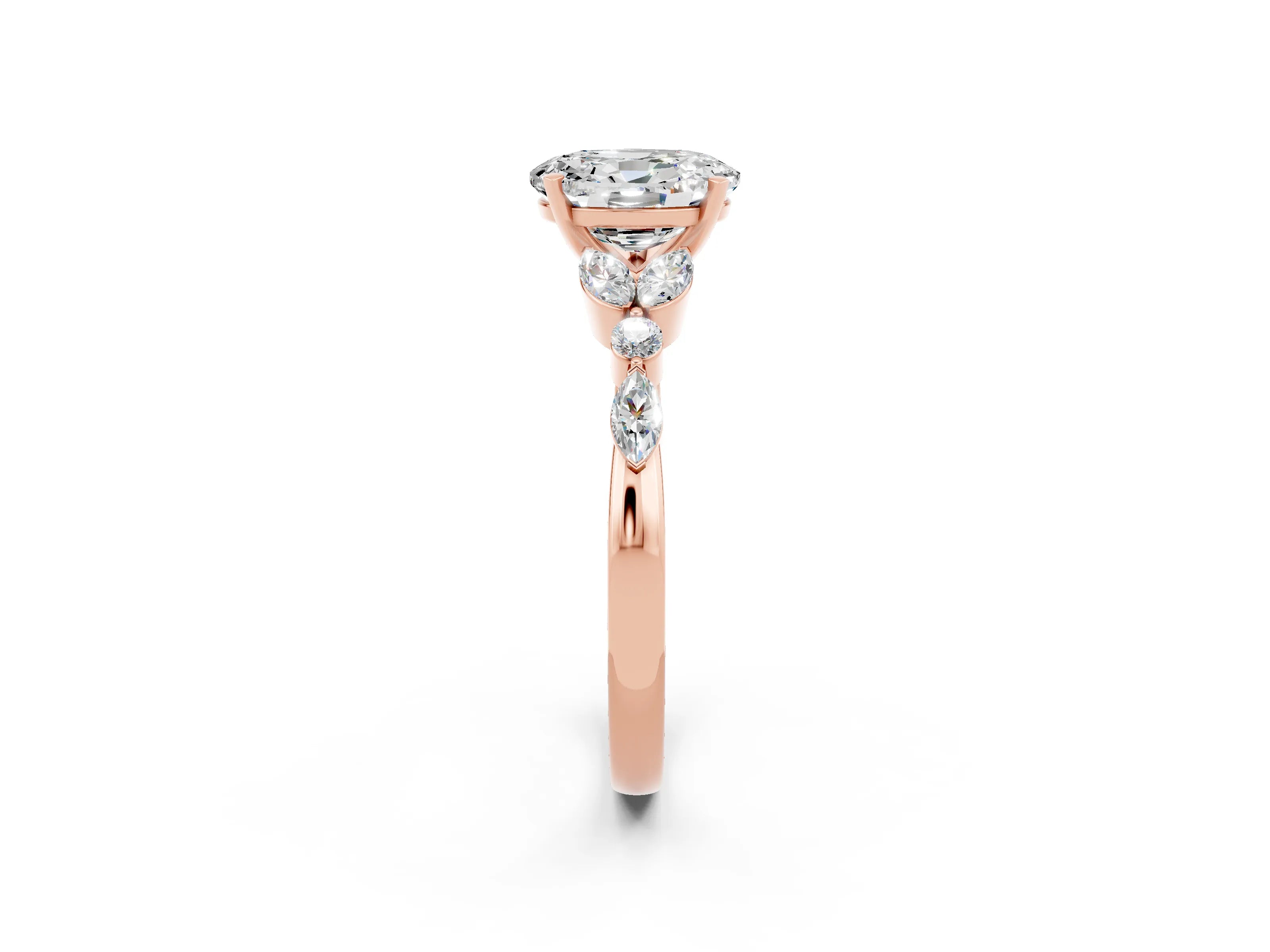 Rose gold Oval Cut Moissanite Solitaire Ring with Side Stones and Four-Prong Setting_14