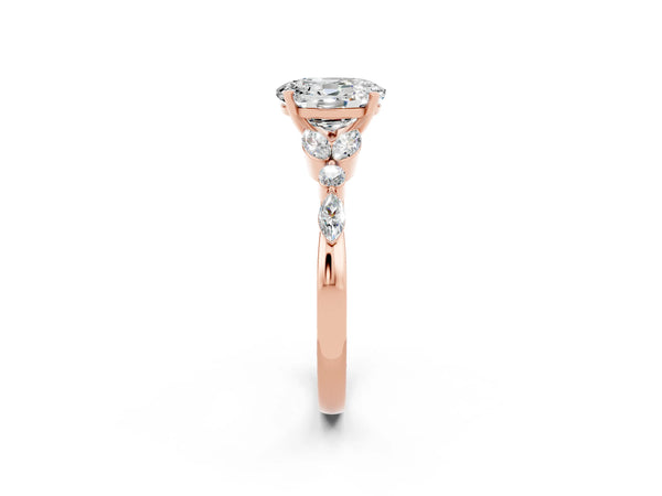 Rose gold Oval Cut Moissanite Solitaire Ring with Side Stones and Four-Prong Setting