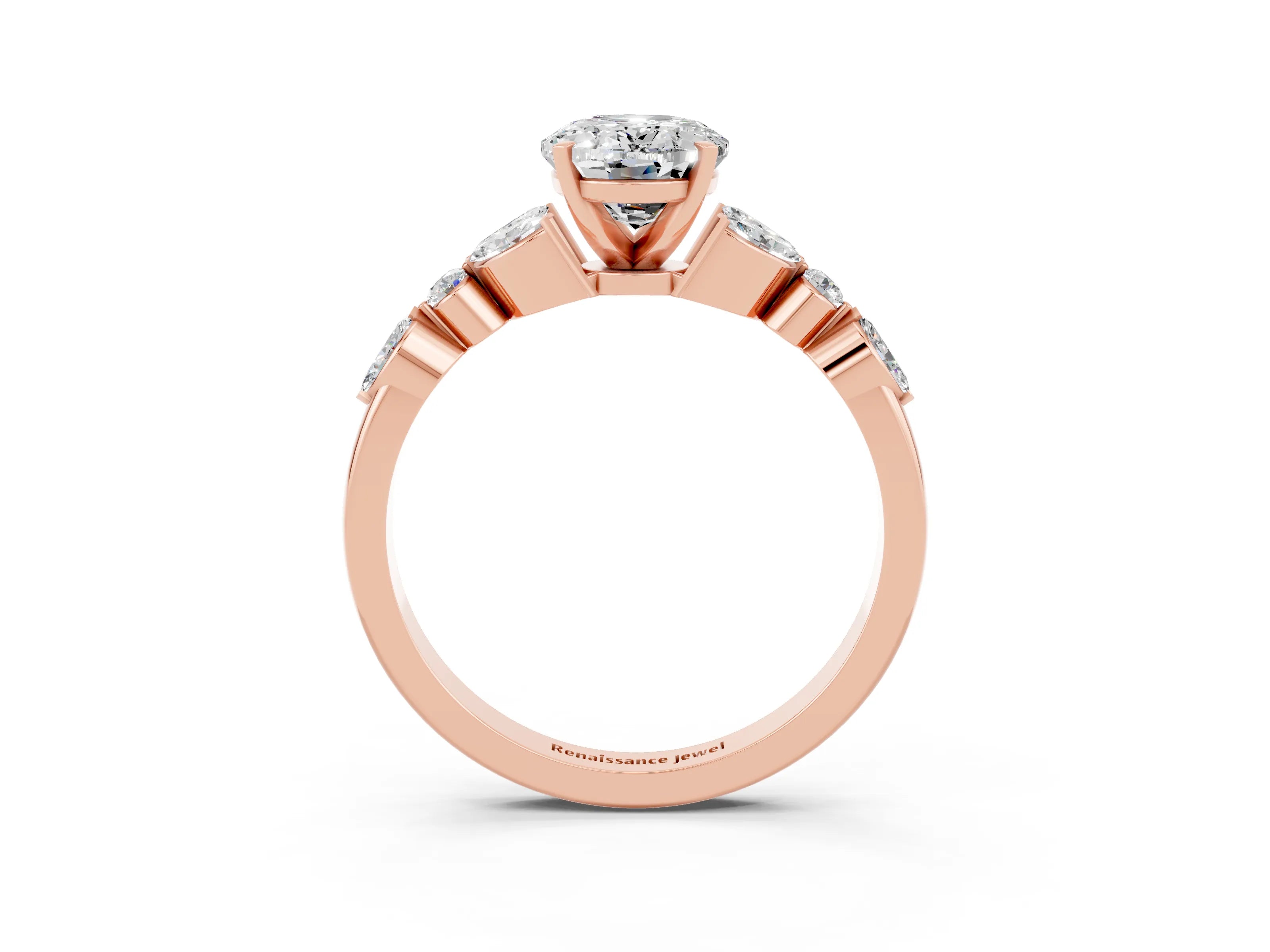 Rose gold Oval Cut Moissanite Solitaire Ring with Side Stones and Four-Prong Setting_15