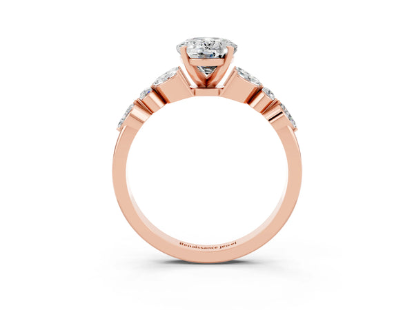Rose gold Oval Cut Moissanite Solitaire Ring with Side Stones and Four-Prong Setting