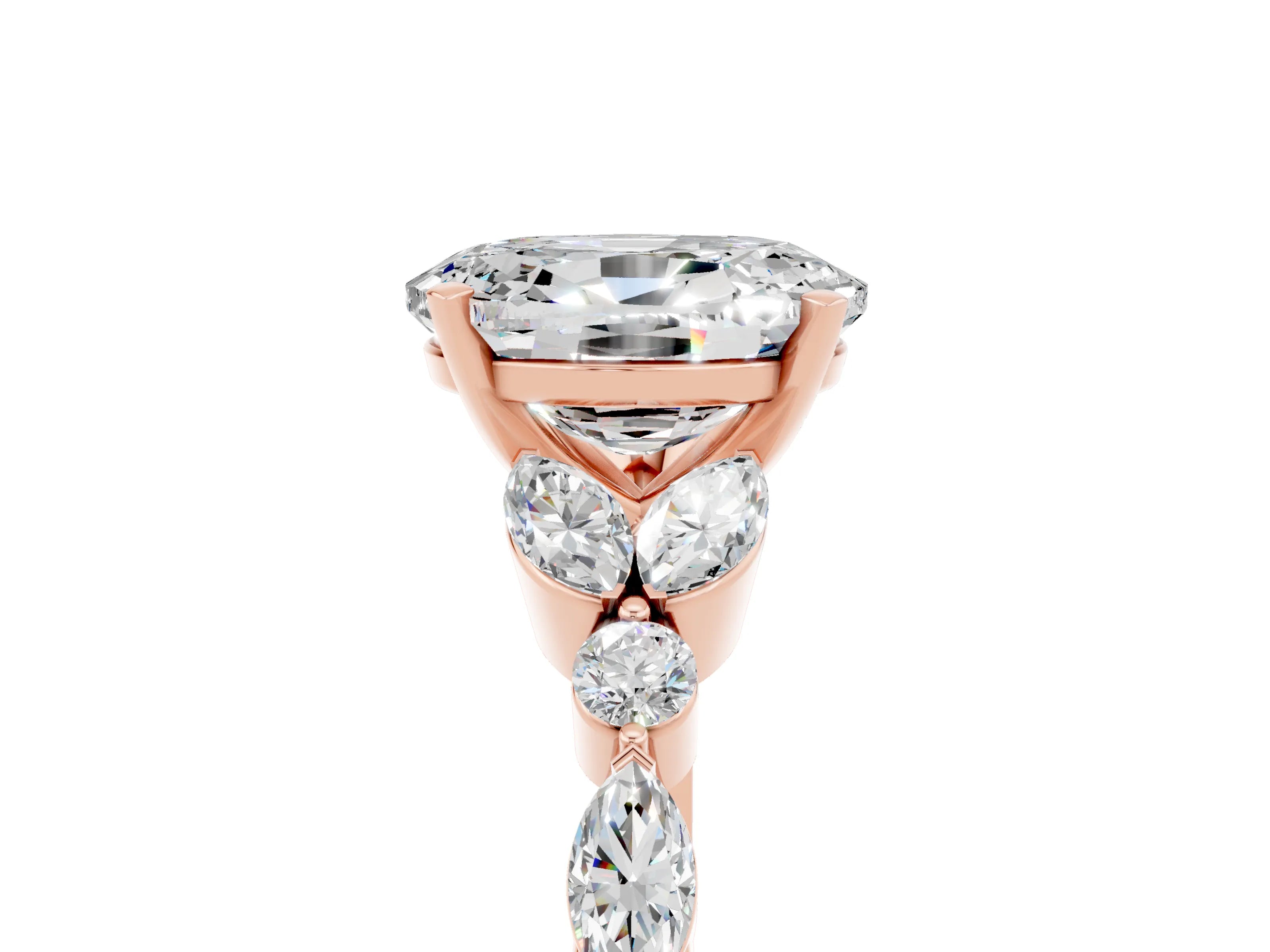 Rose gold Oval Cut Moissanite Solitaire Ring with Side Stones and Four-Prong Setting_17