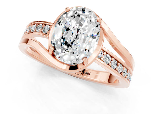 Rose gold Oval Cut Moissanite Solitaire Ring with Split Shank and Prong Setting