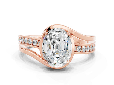Rose gold Oval Cut Moissanite Solitaire Ring with Split Shank and Prong Setting