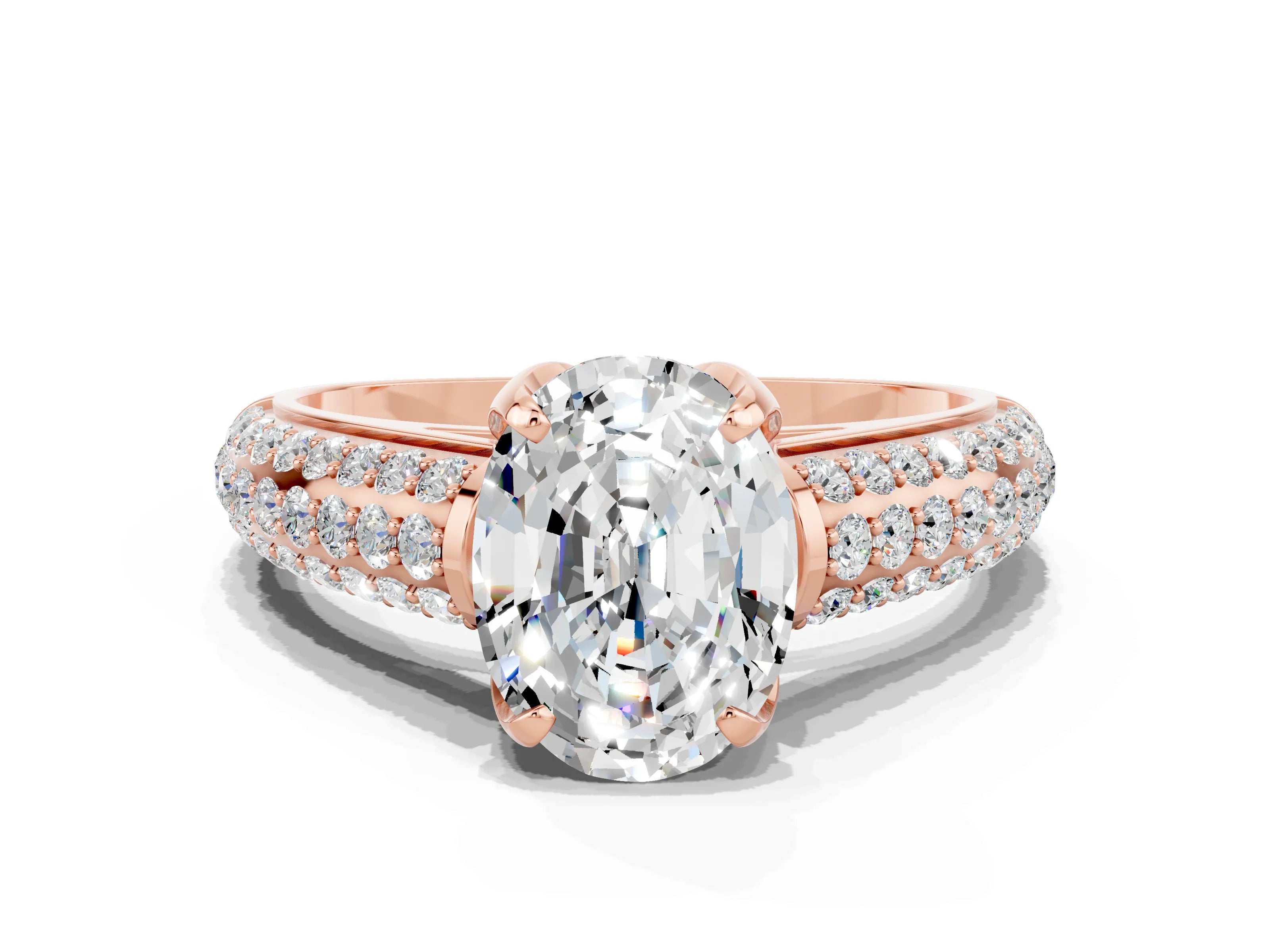 Rose gold Oval Cut Moissanite Solitaire Ring with Three-Row Pavé Band and Four-Prong Setting_12