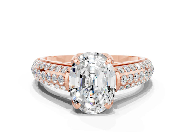 Rose gold Oval Cut Moissanite Solitaire Ring with Three-Row Pavé Band and Four-Prong Setting