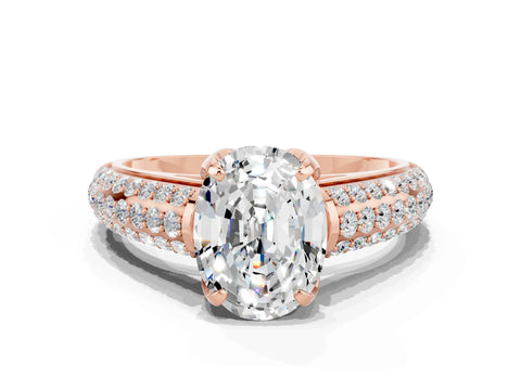 Rose gold Oval Cut Moissanite Solitaire Ring with Three-Row Pavé Band and Four-Prong Setting_12