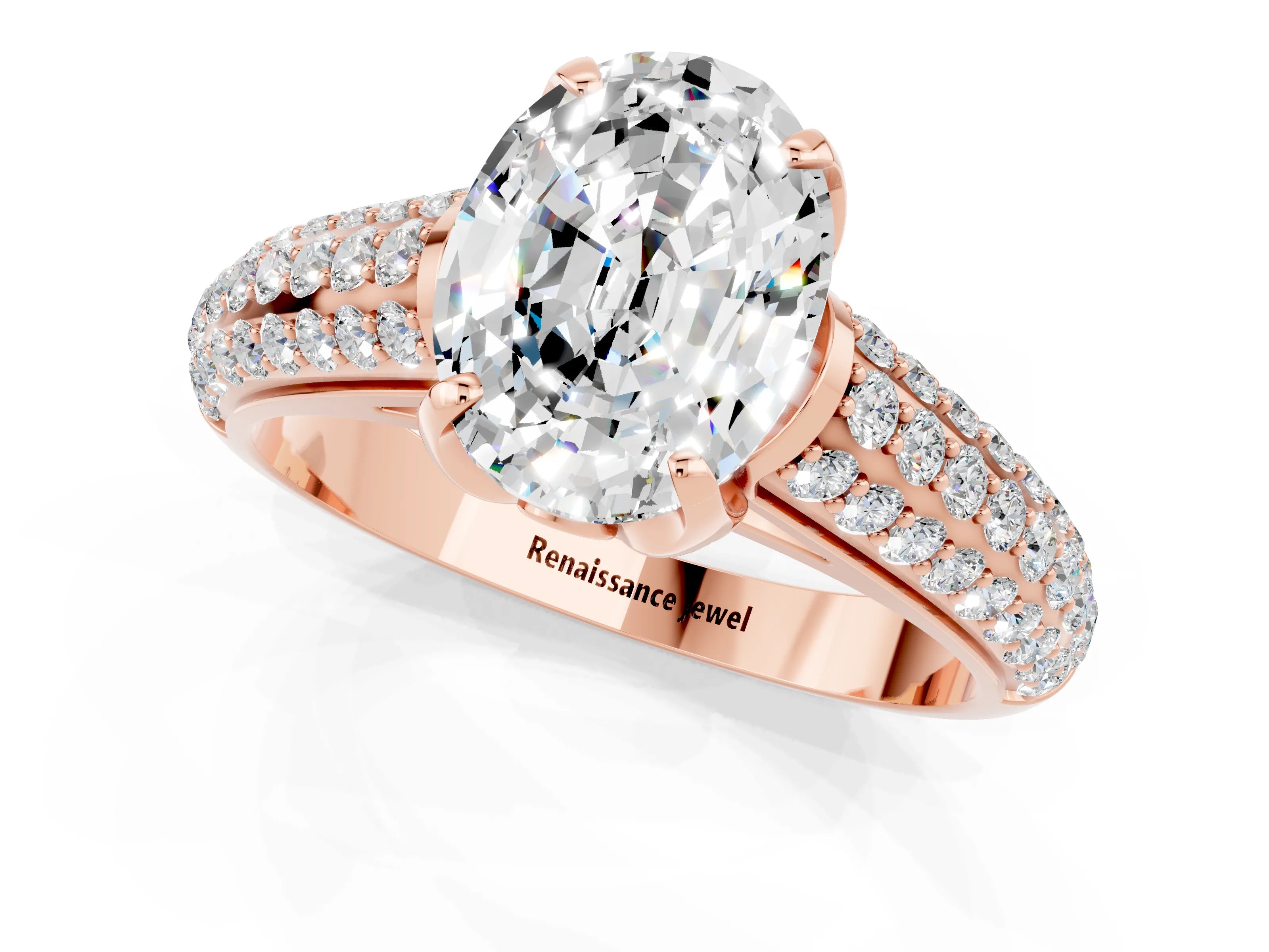 Rose gold Oval Cut Moissanite Solitaire Ring with Three-Row Pavé Band and Four-Prong Setting_13