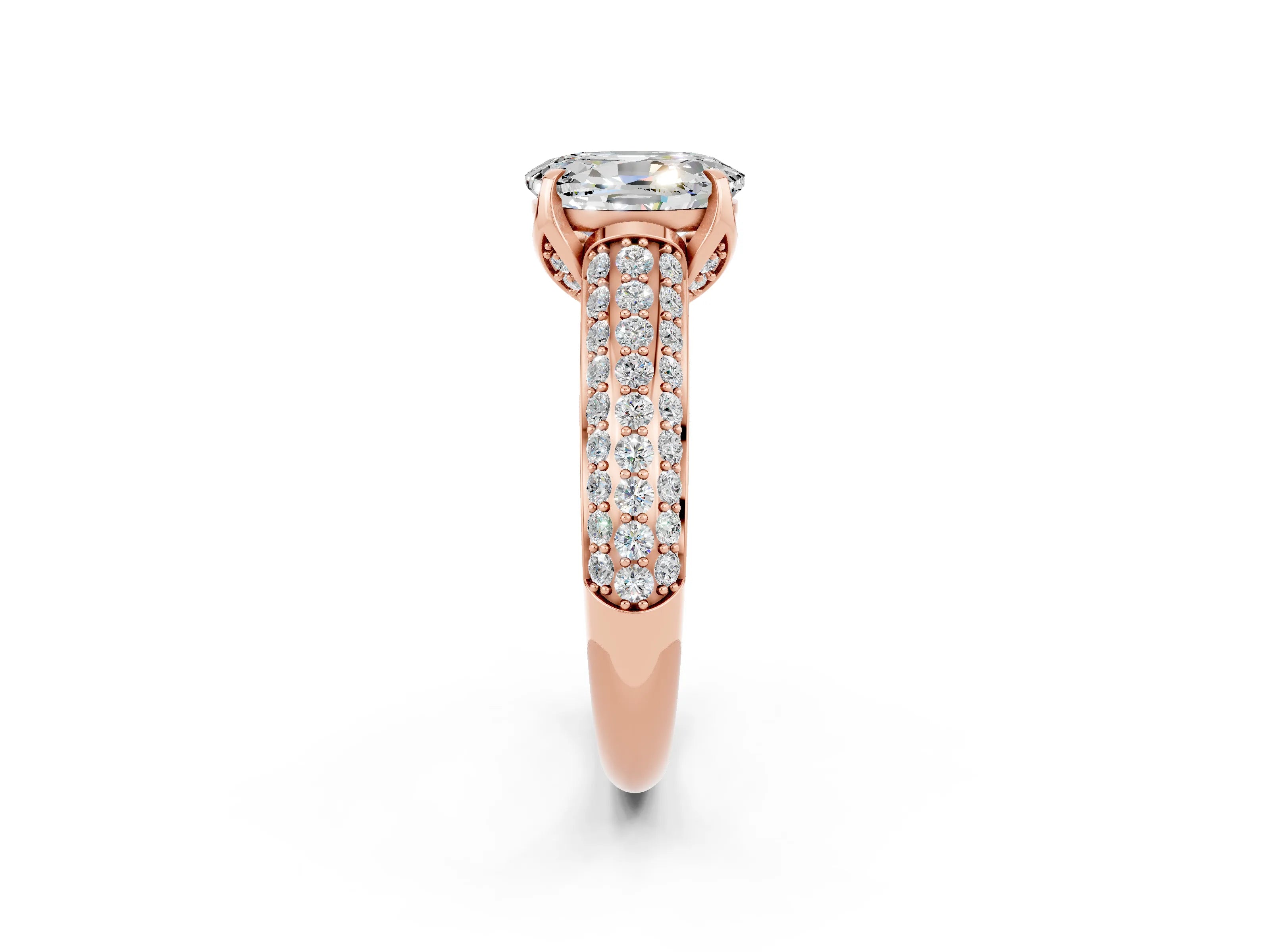 Rose gold Oval Cut Moissanite Solitaire Ring with Three-Row Pavé Band and Four-Prong Setting_14
