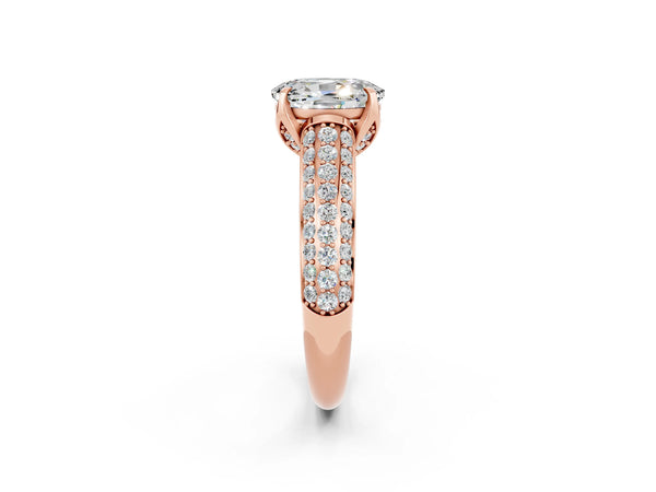 Rose gold Oval Cut Moissanite Solitaire Ring with Three-Row Pavé Band and Four-Prong Setting