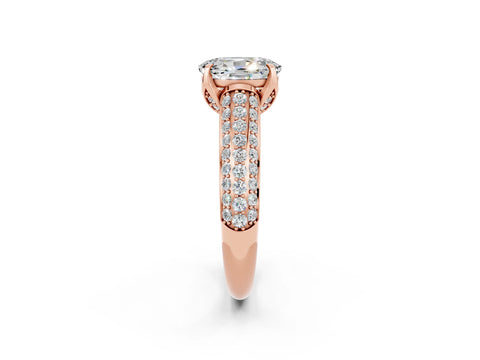 Rose gold Oval Cut Moissanite Solitaire Ring with Three-Row Pavé Band and Four-Prong Setting_14