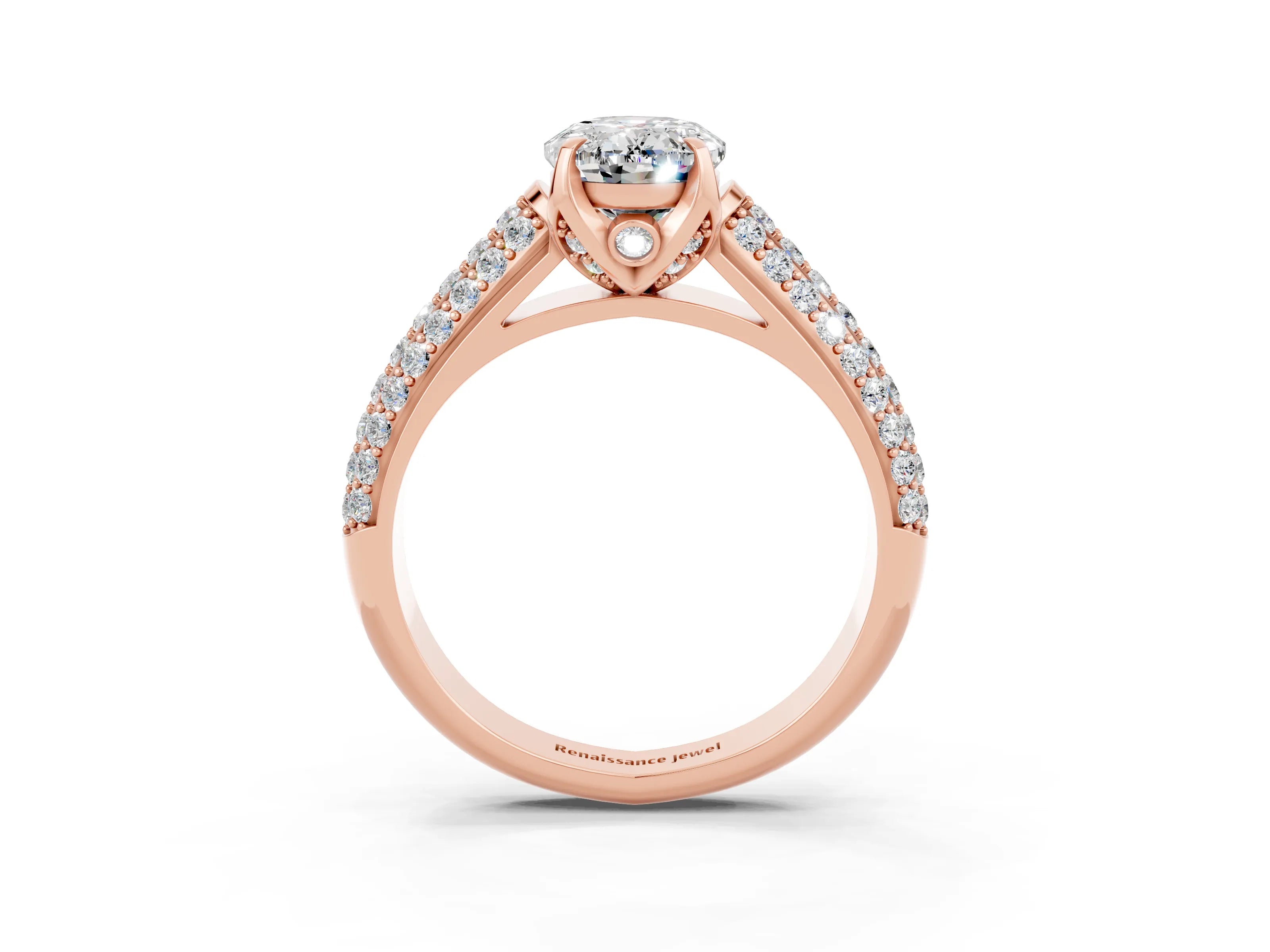 Rose gold Oval Cut Moissanite Solitaire Ring with Three-Row Pavé Band and Four-Prong Setting_15