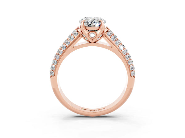 Rose gold Oval Cut Moissanite Solitaire Ring with Three-Row Pavé Band and Four-Prong Setting