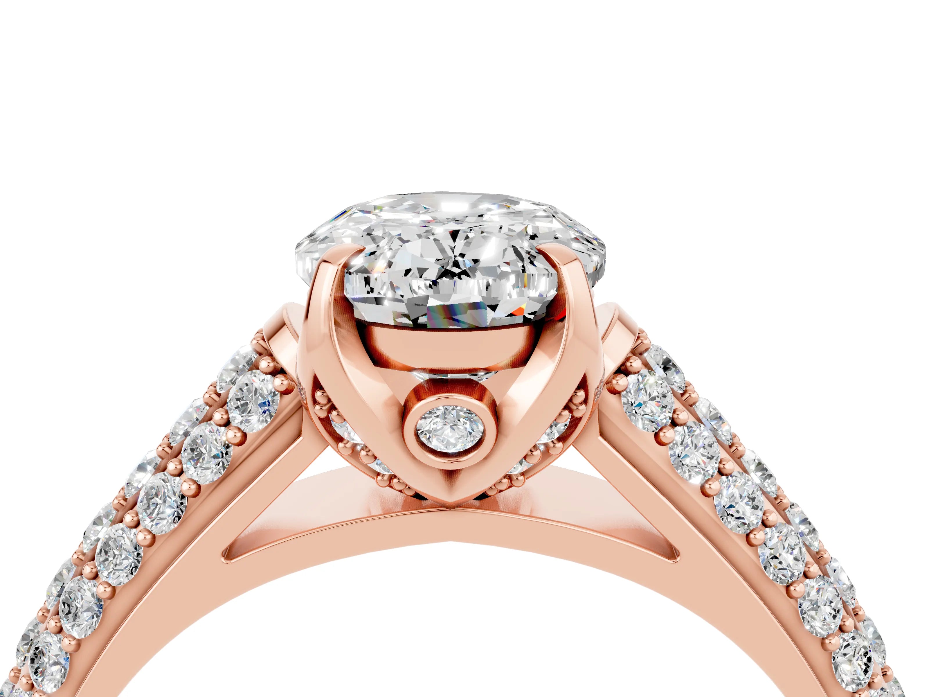 Rose gold Oval Cut Moissanite Solitaire Ring with Three-Row Pavé Band and Four-Prong Setting_16