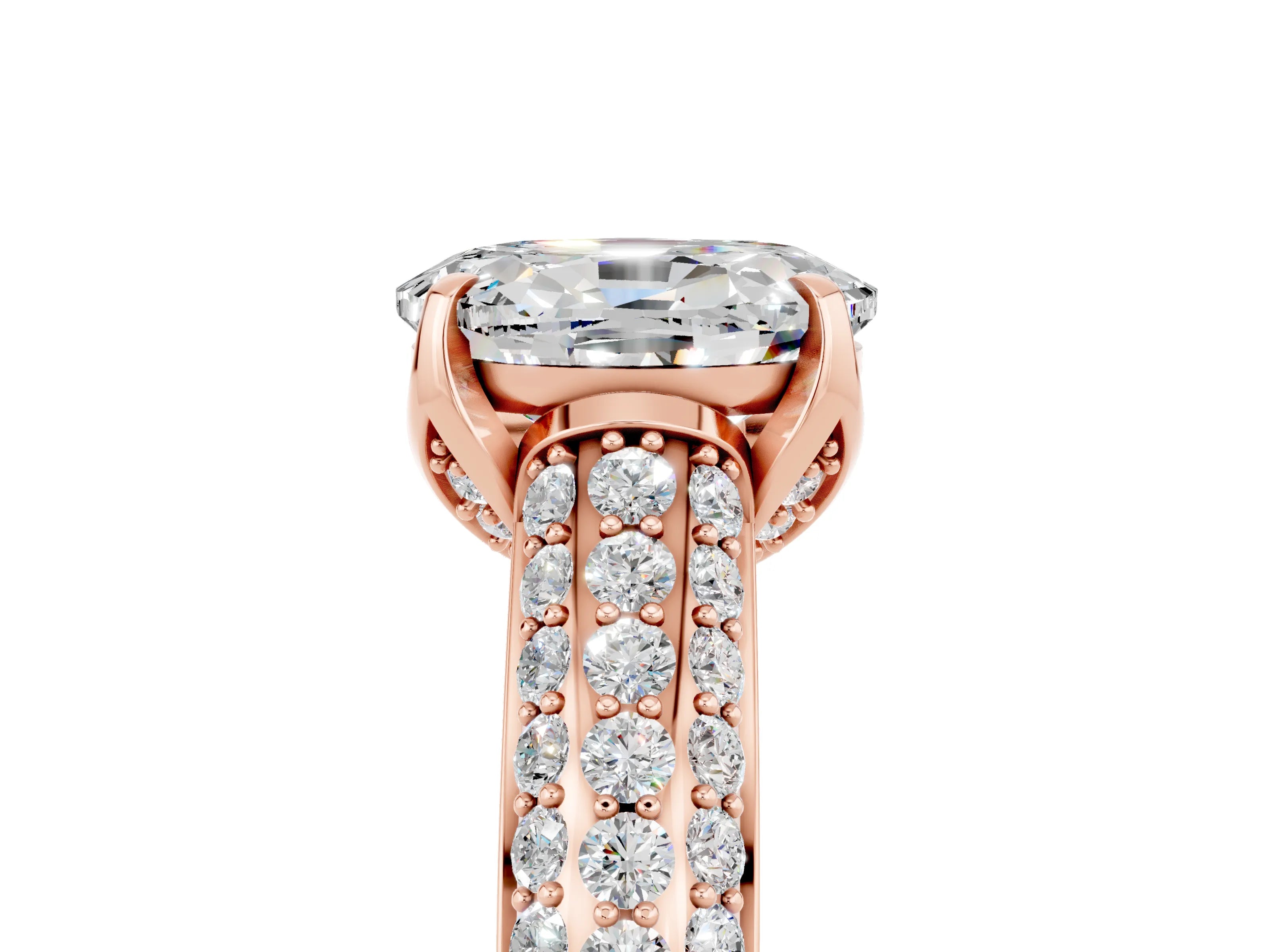 Rose gold Oval Cut Moissanite Solitaire Ring with Three-Row Pavé Band and Four-Prong Setting_17