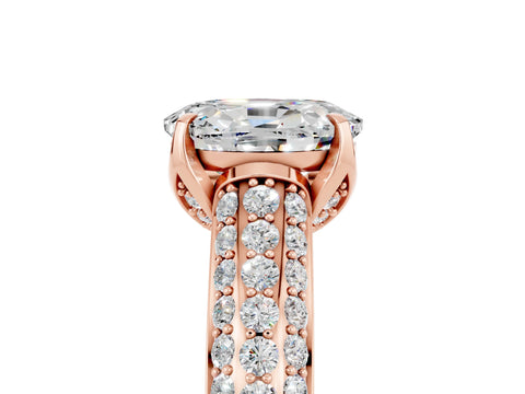 Rose gold Oval Cut Moissanite Solitaire Ring with Three-Row Pavé Band and Four-Prong Setting_17
