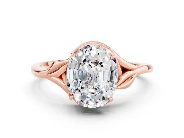 Rose gold Oval Cut Moissanite Solitaire Ring with Twist Band and Four-Prong Setting