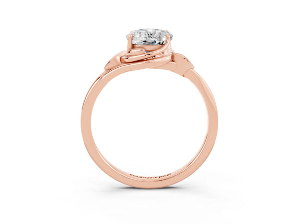 Rose gold Oval Cut Moissanite Solitaire Ring with Twist Band and Four-Prong Setting