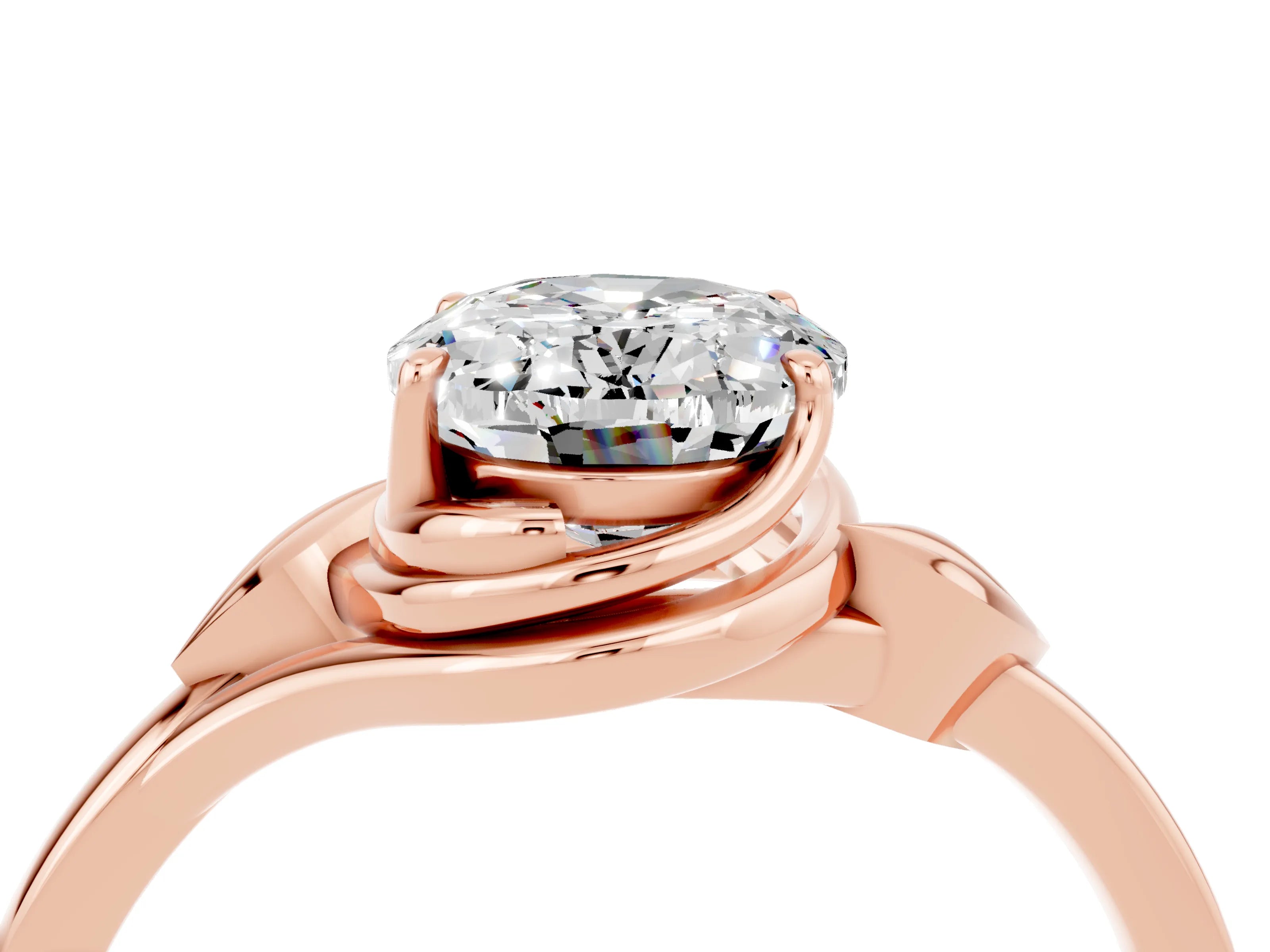 Rose gold Oval Cut Moissanite Solitaire Ring with Twist Band and Four-Prong Setting_28