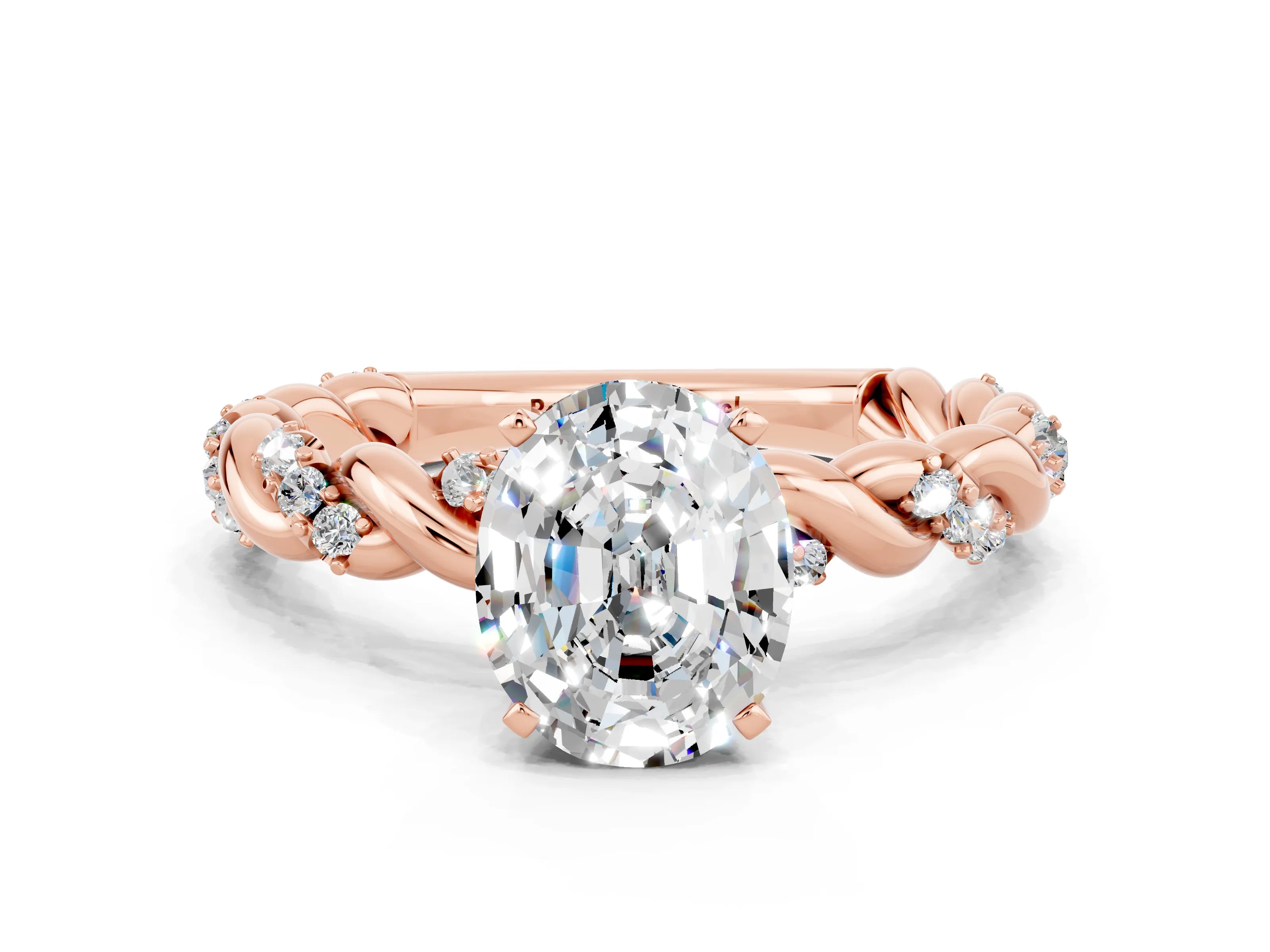 Rose gold Oval Cut Moissanite Solitaire Ring with Twisted Band and Pavé Accents