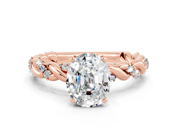 Rose gold Oval Cut Moissanite Solitaire Ring with Twisted Band and Pavé Accents