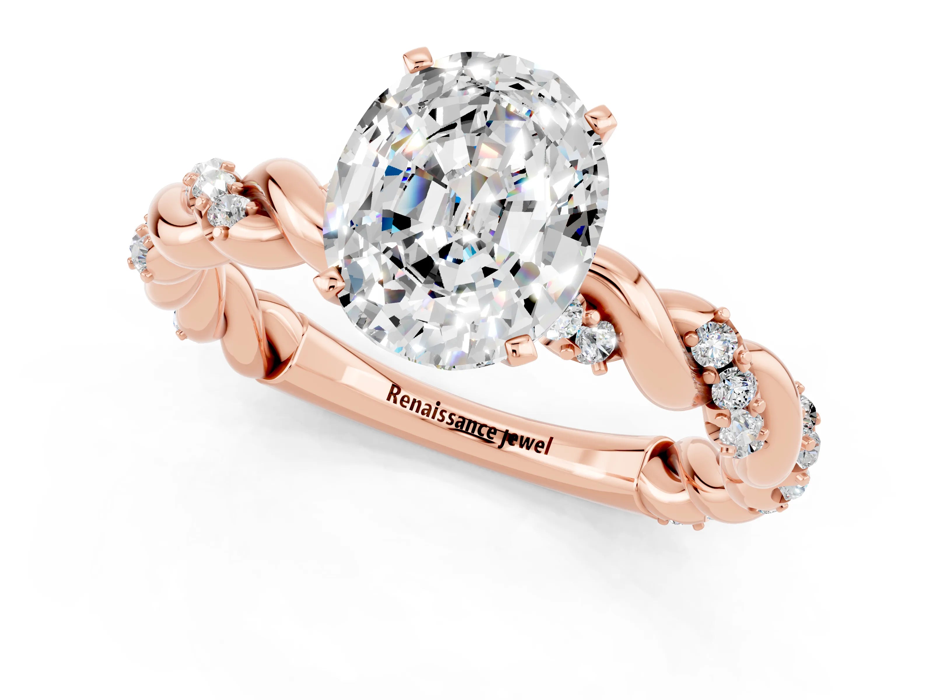 Rose gold Oval Cut Moissanite Solitaire Ring with Twisted Band and Pavé Accents_1