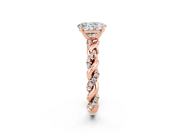 Rose gold Oval Cut Moissanite Solitaire Ring with Twisted Band and Pavé Accents