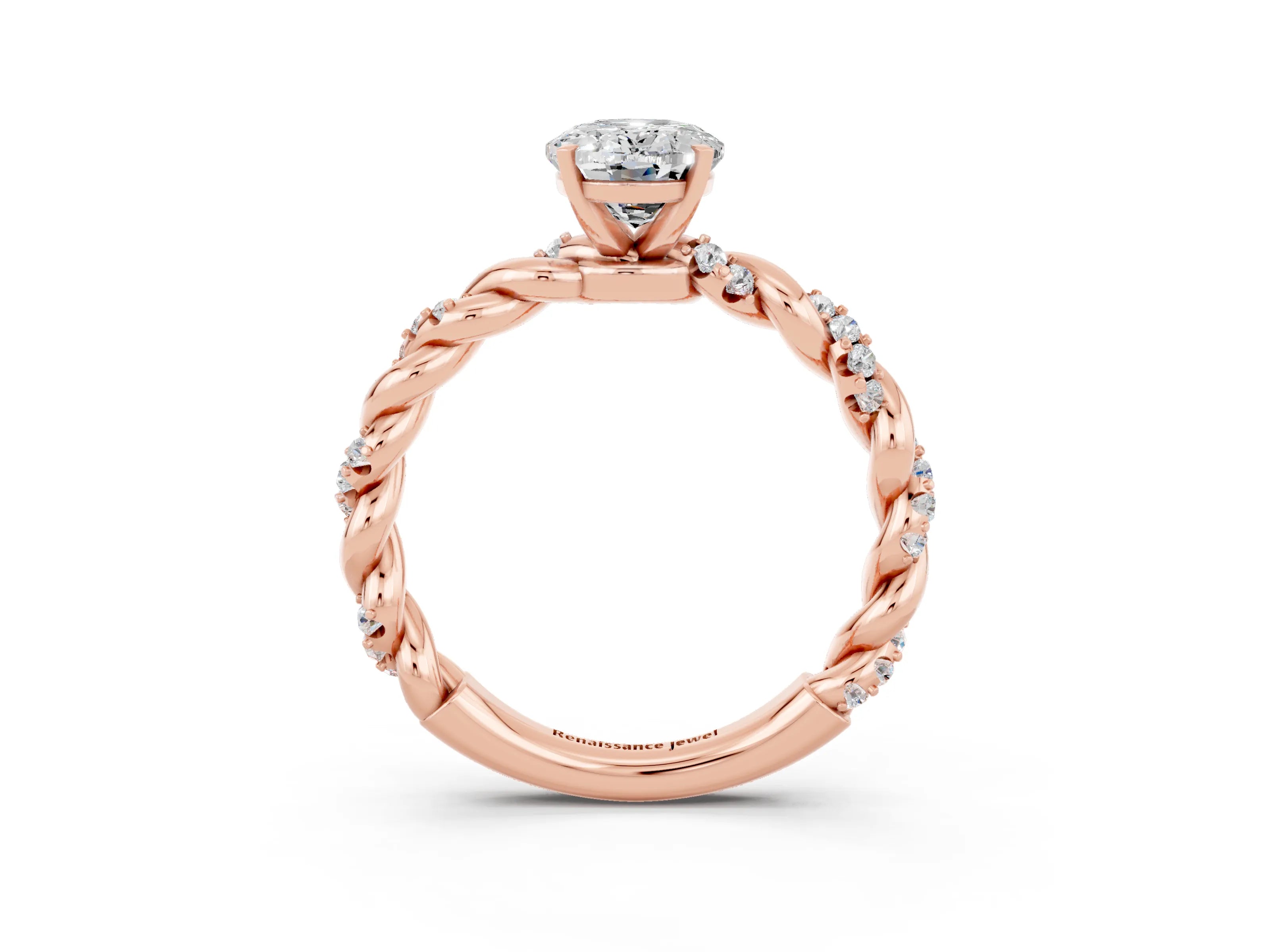Rose gold Oval Cut Moissanite Solitaire Ring with Twisted Band and Pavé Accents_3